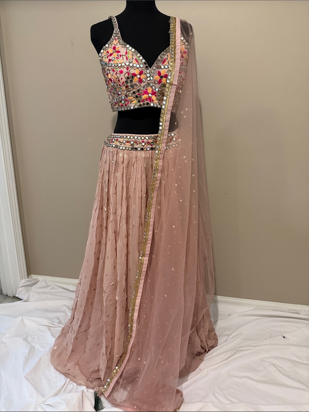 New Embellished Blush Pink Lehenga Set with Mirror Work